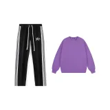 Black pants + light purple sweatshirt