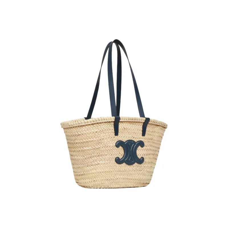 CELINE Triomphe Palm Leaf Cow Leather Patchwork Trim Basket Bag One Shoulder Handbag Medium Size Women's Marine Blue-1