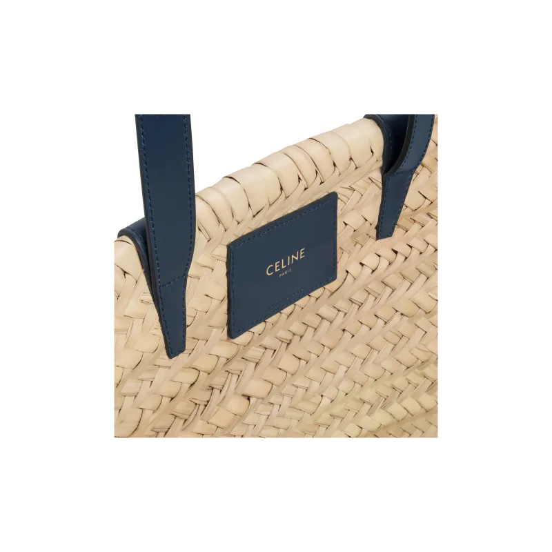CELINE Triomphe Palm Leaf Cow Leather Patchwork Trim Basket Bag One Shoulder Handbag Medium Size Women's Marine Blue-4