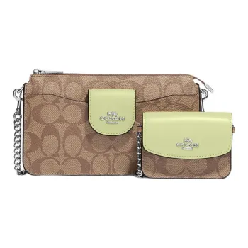 COACH Canvas With Leather Combo Bag Shoulder Bag Crossbody Bag Small Size Women's Brown Lime