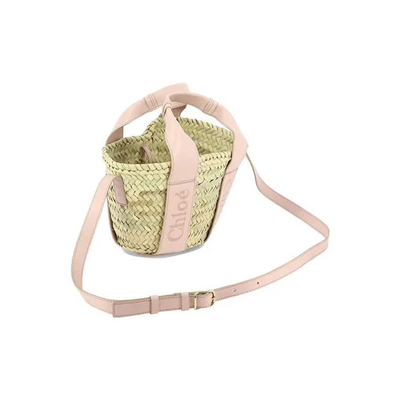Chloe Raffia With Calfskin Shoulder Bag Crossbody Bag Handbag Small Size Women's Pink-2