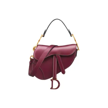 DIOR Smooth Calf Leather Saddle Bag Shoulder Bag Crossbody Bag Handbag Mini Women's Dark Purple Red