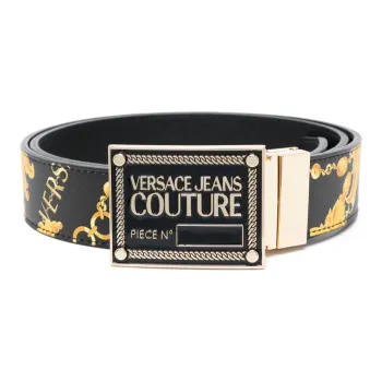 VERSACE Letter Logo Smooth Buckle Leather Belts Men's Black Width 3.5CM