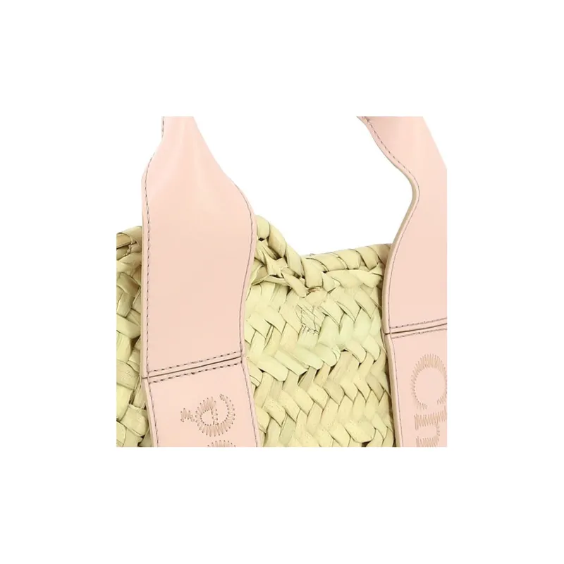 Chloe Raffia With Calfskin Shoulder Bag Crossbody Bag Handbag Small Size Women's Pink-3