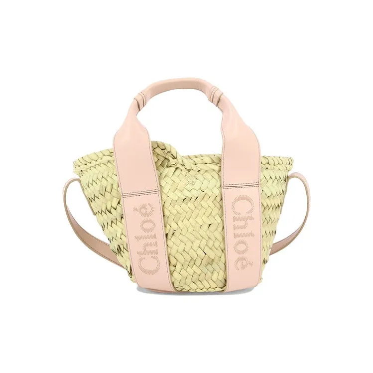 Chloe Raffia With Calfskin Shoulder Bag Crossbody Bag Handbag Small Size Women's Pink-1