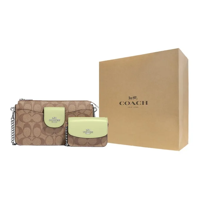 COACH Canvas With Leather Combo Bag Shoulder Bag Crossbody Bag Small Size Women's Brown Lime-6