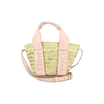 Chloe Raffia With Calfskin Shoulder Bag Crossbody Bag Handbag Small Size Women's Pink