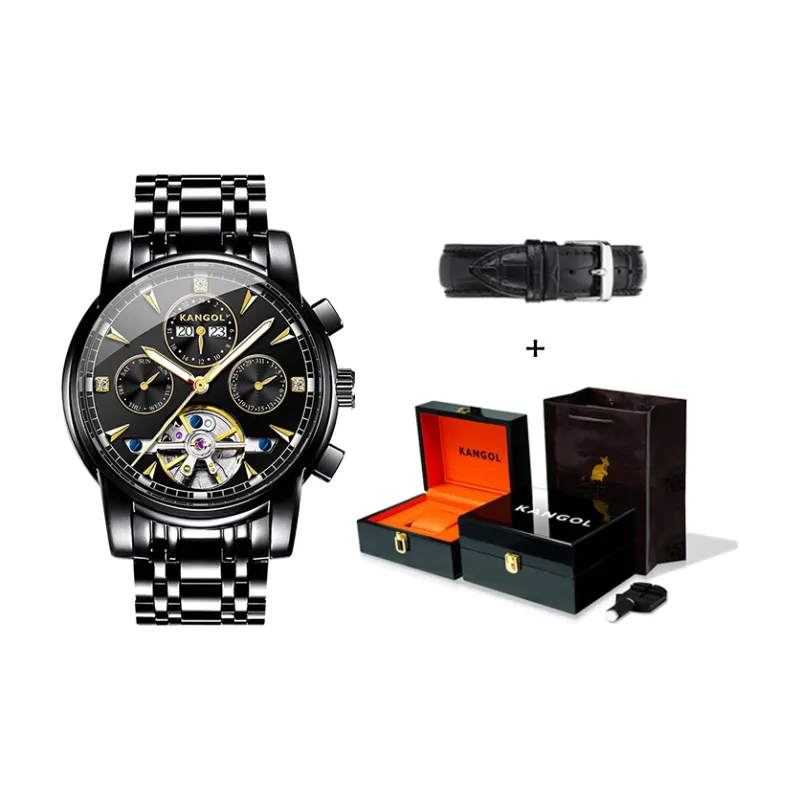 KANGOL Kangaroo Automatic Mechanical Movement Stainless Steel Watchband Watch Men's Watches Black Dial K-K166-10