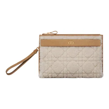 DIOR Caro Shearling Clutch Large Size Women's Beige/Brown