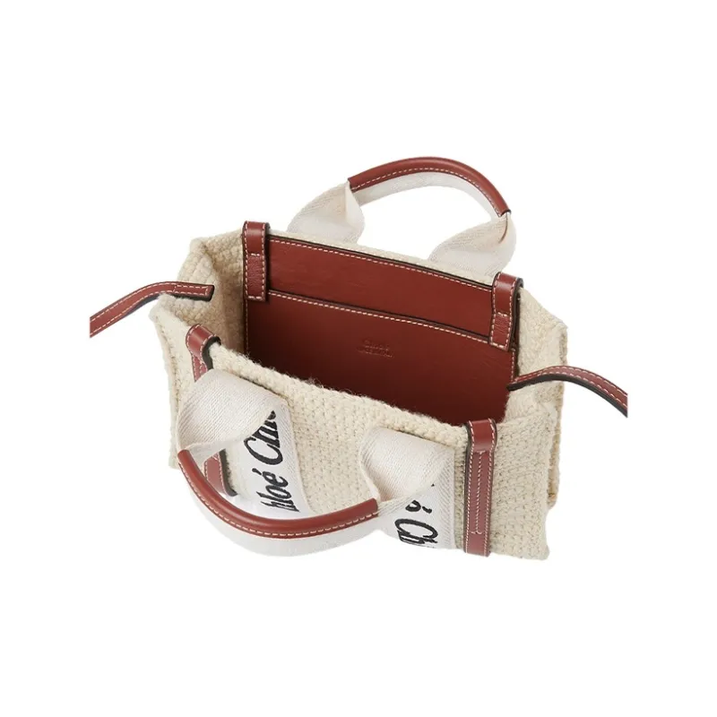 Chloe Woody Calfskin Linen Tote Bag, Shopping Bag, Shoulder Bag, Crossbody Bag, Handbag Mini Women's Brown/Beige-2