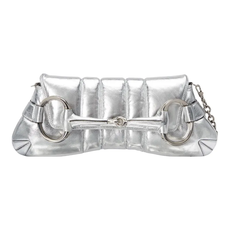 GUCCI Horsebit 1955 Leather Reproduction Shoulder Bag Shoulder Bag Clutch Women's Silver-0
