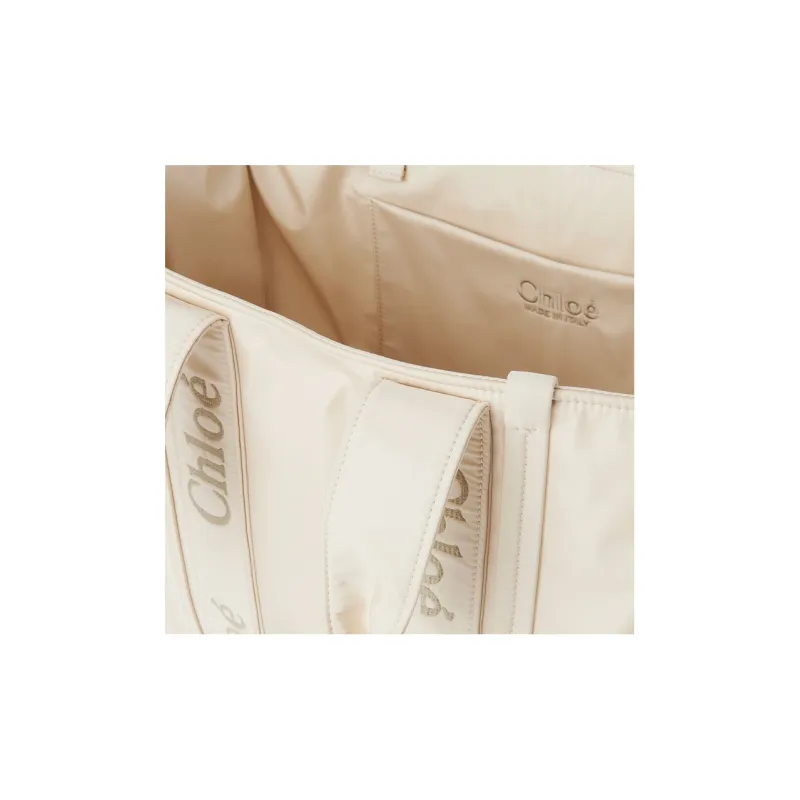 Chloe Woody Recycled Nylon Tote Bag, Shopping Bag, Shoulder Bag, Handbag Tubas Women's Ivory Gray-4