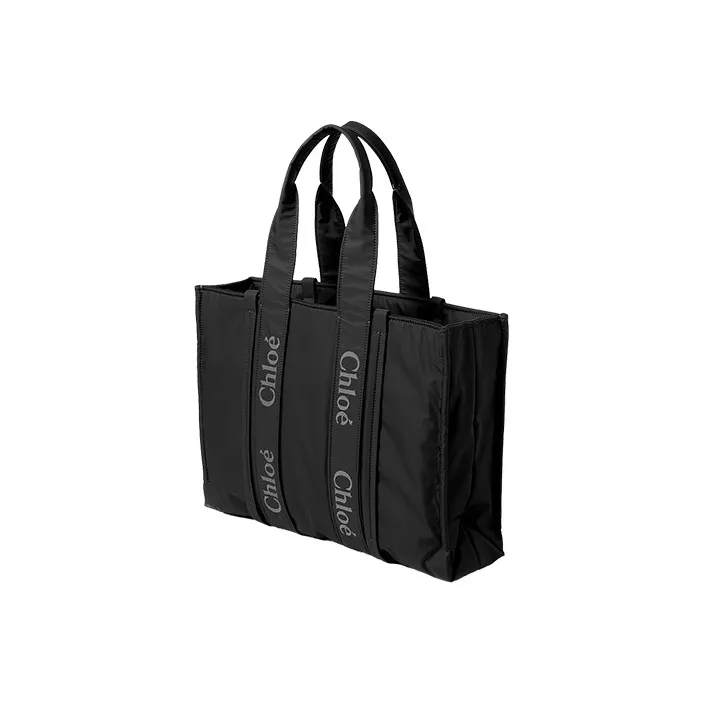 Chloe Woody Recycled Nylon Tote Bag, Shopping Bag, Shoulder Bag, Handbag Tubas Women's Black-1