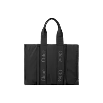 Chloe Woody Recycled Nylon Tote Bag, Shopping Bag, Shoulder Bag, Handbag Tubas Women's Black