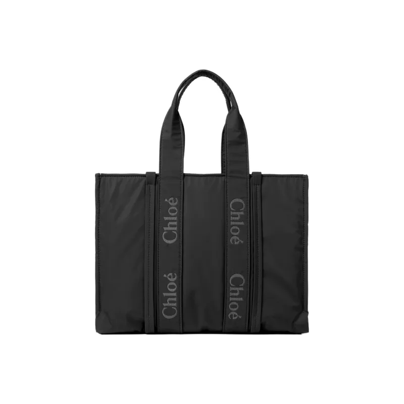 Chloe Woody Recycled Nylon Tote Bag, Shopping Bag, Shoulder Bag, Handbag Tubas Women's Black-0