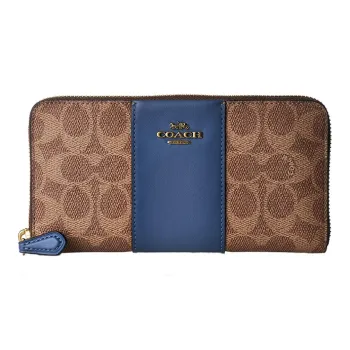 COACH Accordion Zip Canvas With Leather Wallet Small Size Women's Brown & Blue