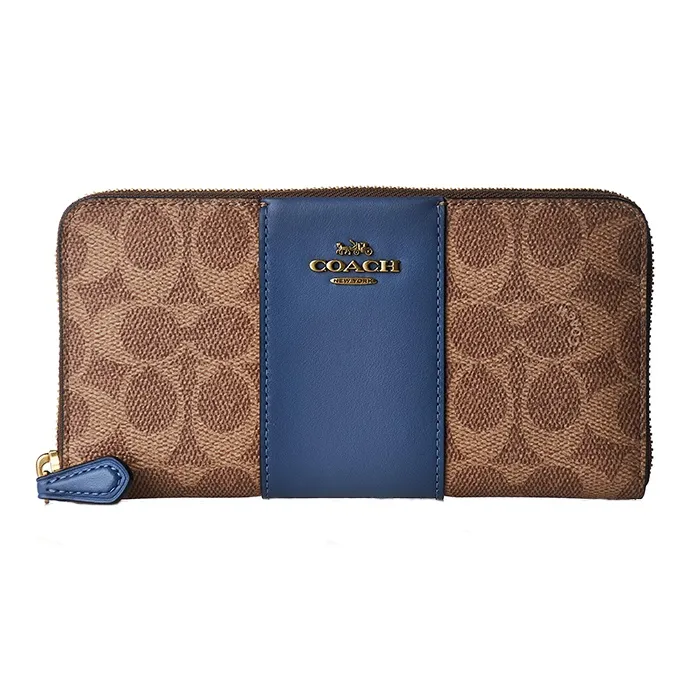 COACH Accordion Zip Canvas With Leather Wallet Trumpets Women's Brown & Blue-0