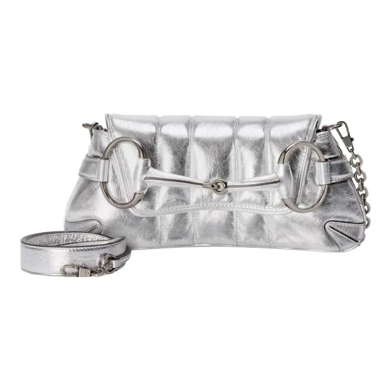 GUCCI Horsebit 1955 Leather Reproduction Shoulder Bag Shoulder Bag Clutch Women's Silver-1