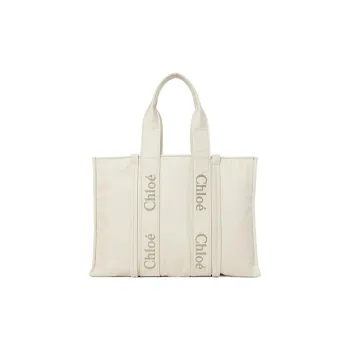 Chloe Woody Recycled Nylon Tote Bag, Shopping Bag, Shoulder Bag, Handbag Tubas Women's Ivory Gray