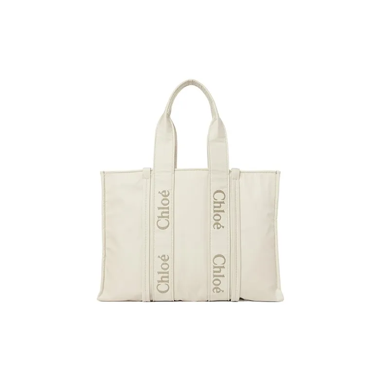 Chloe Woody Recycled Nylon Tote Bag, Shopping Bag, Shoulder Bag, Handbag Tubas Women's Ivory Gray-0