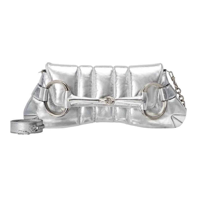 GUCCI Horsebit 1955 Leather Reproduction Shoulder Bag Shoulder Bag Clutch Women's Silver-1