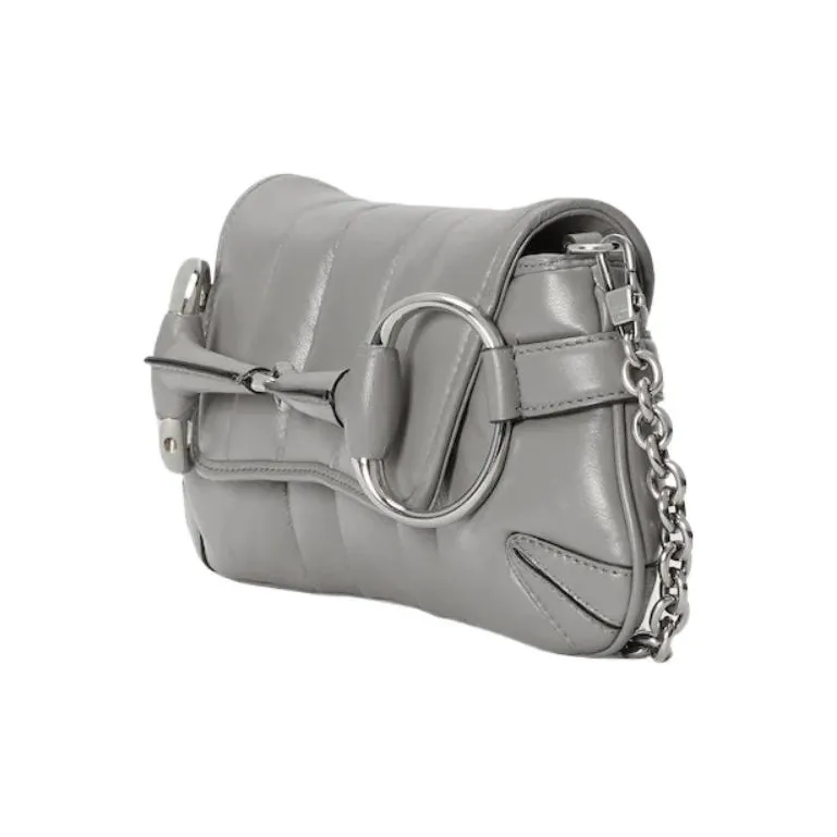 GUCCI Horsebit 1955 Leather Reproduction Shoulder Bag Shoulder Bag Clutch Women's Gray-3