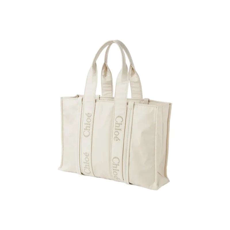 Chloe Woody Recycled Nylon Tote Bag, Shopping Bag, Shoulder Bag, Handbag Tubas Women's Ivory Gray-1