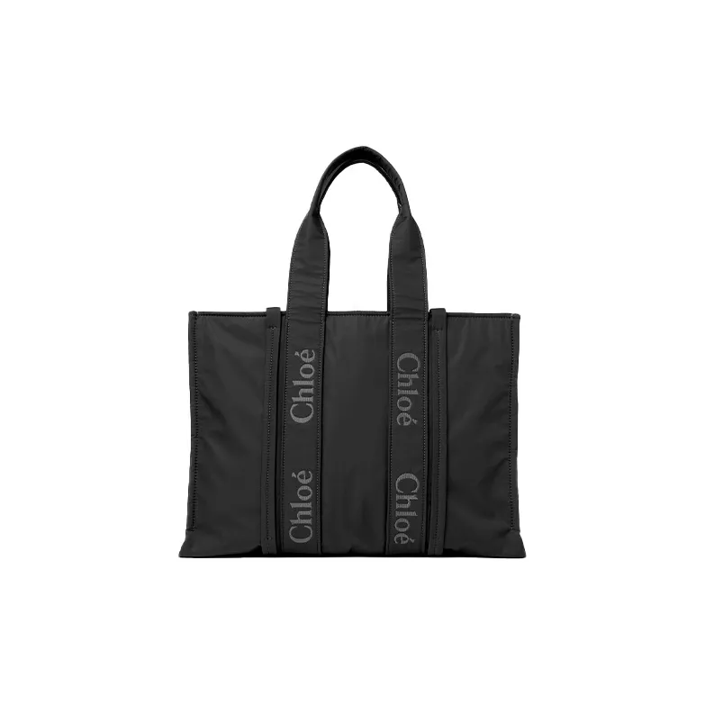 Chloe Woody Recycled Nylon Tote Bag, Shopping Bag, Shoulder Bag, Handbag Tubas Women's Black-2