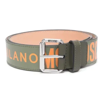 MOSCHINO Logo Print Letter Decoration Pin Buckle Leather Belts Men's Green Width: 4cm