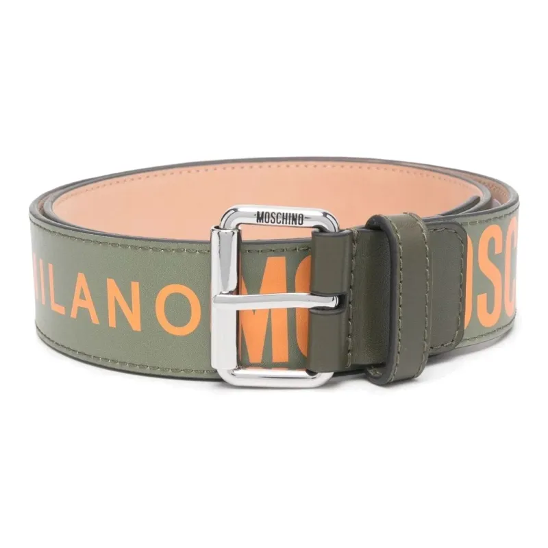 MOSCHINO Logo Print Letter Decoration Pin Buckle Leather Belts Men's Green Width: 4cm-0