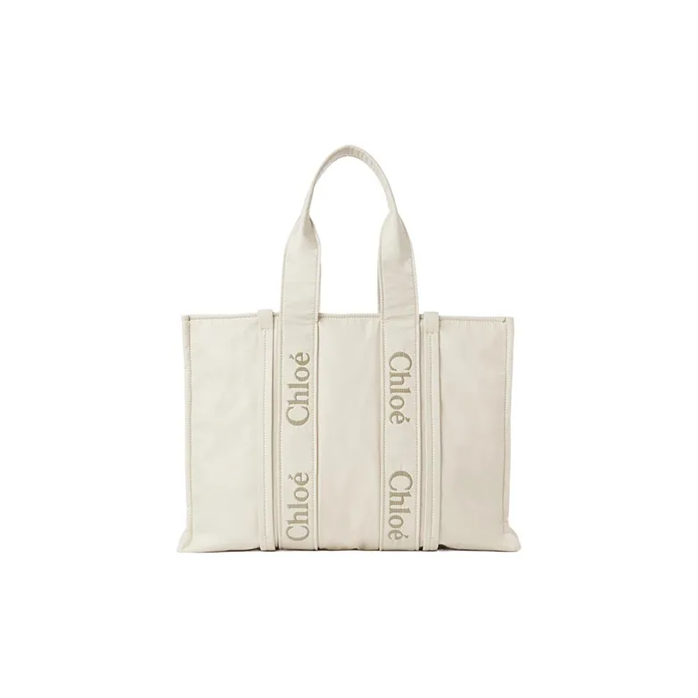 Chloe Woody Recycled Nylon Tote Bag, Shopping Bag, Shoulder Bag, Handbag Tubas Women's Ivory Gray-2
