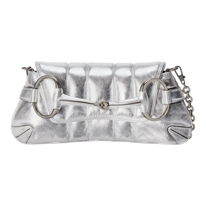 GUCCI Horsebit 1955 Leather Reproduction Shoulder Bag Shoulder Bag Clutch Women's Silver-0