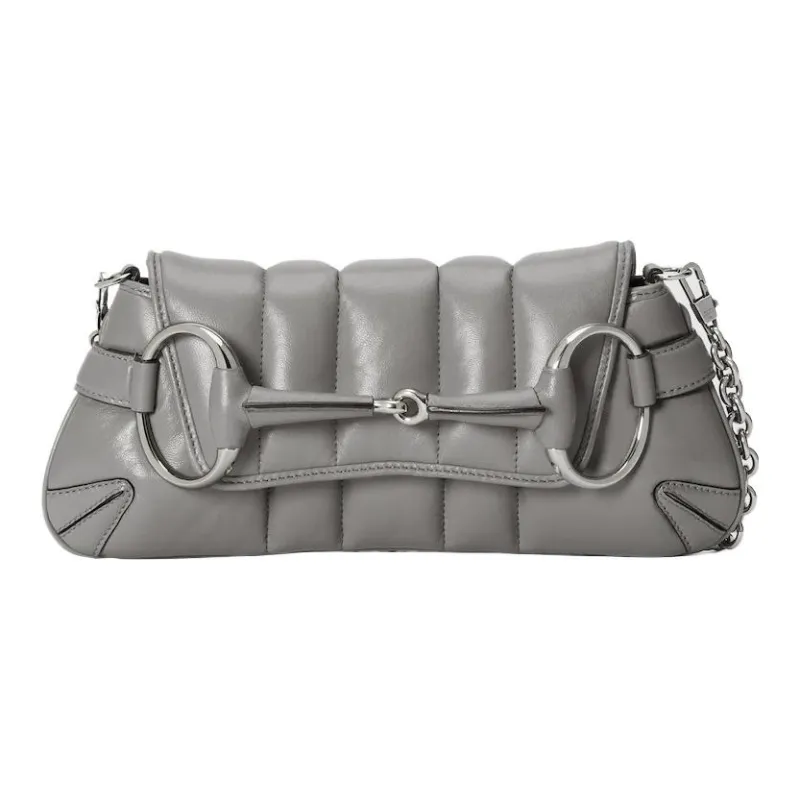 GUCCI Horsebit 1955 Leather Reproduction Shoulder Bag Shoulder Bag Clutch Women's Gray-1