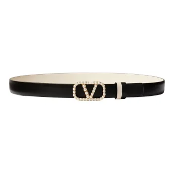 Valentino Classic Logo Emblem Faux Pearl Inlay Smooth Buckle Calfskin Leather Belts Women's Black Width  2CM