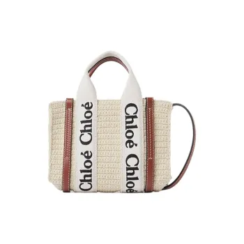 Chloe Woody Calfskin Linen Tote Bag, Shopping Bag, Shoulder Bag, Crossbody Bag, Handbag Mini Women's Brown/Beige