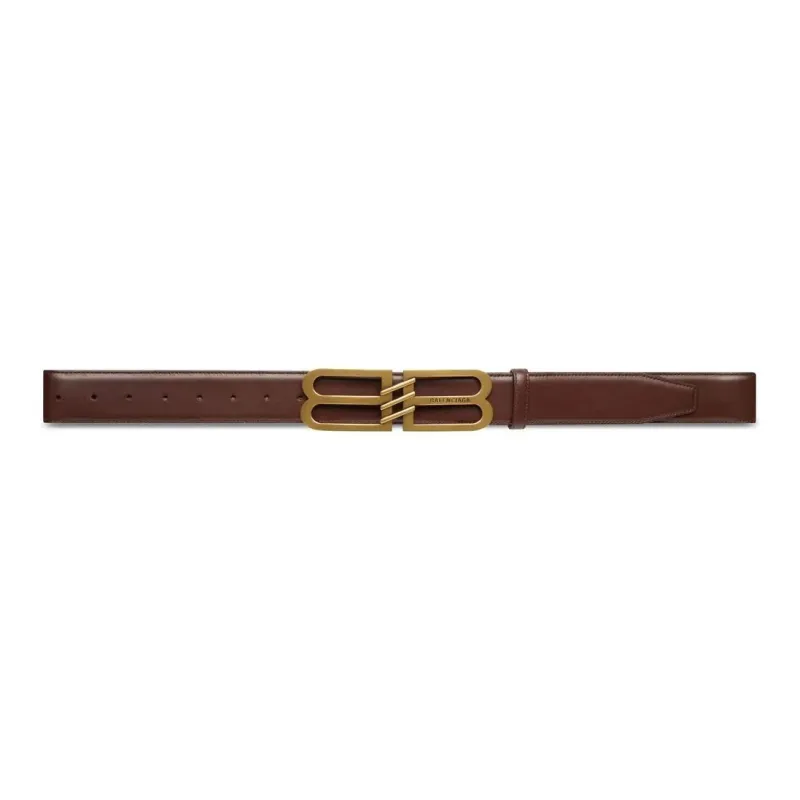 Balenciaga Gold Logo Plaque Plate Buckle Leather Belts Unisex Brown Width 2.8CM-0