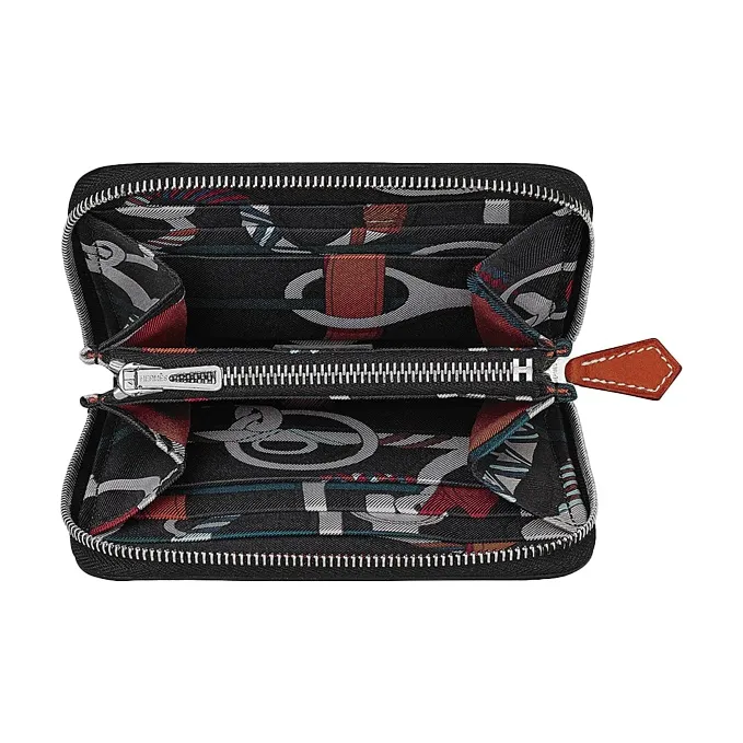 HERMES Silk'In Leather Wallet Women's Black/Maroon Red-1