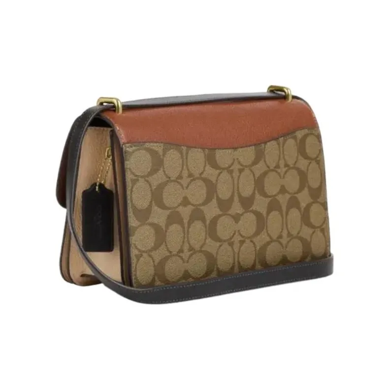 COACH Morgan Square Fabric With Leather Shoulder Bag, Crossbody Bag Medium Size Women's Khaki & Brown-1