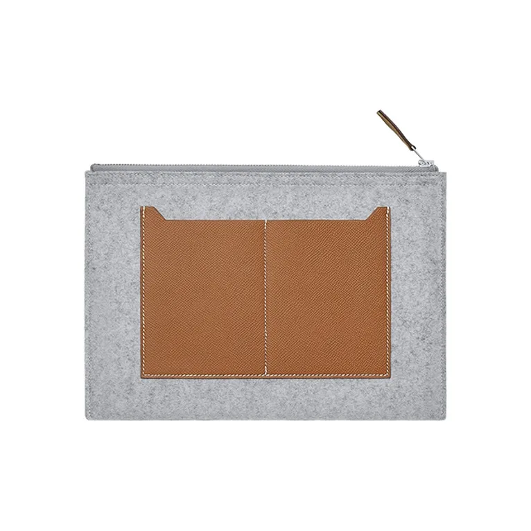 HERMES Toodoo Velvet And Epsom Calfskin Clutch Men's Light Gray/Orange/Brown-1
