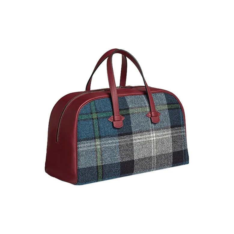 HERMES Herringbone Canvas With Evercolor Calfskin Handbag Regular Unisex Malta Blue/Hermes Red-2