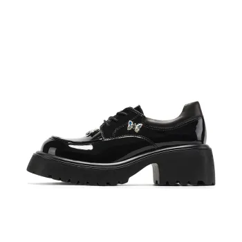 GG CC Vintage Platform Small Leather Shoes British Style Butterfly Loafers 5.5cm Women's Black