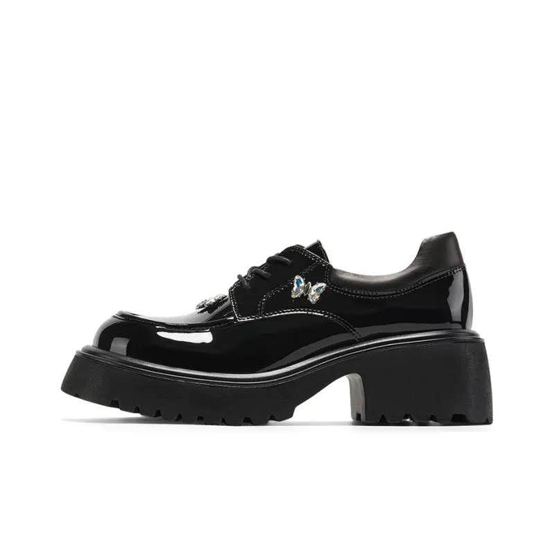 GG CC Vintage Platform Small Leather Shoes British Style Butterfly Loafers 5.5cm Women's Black-0