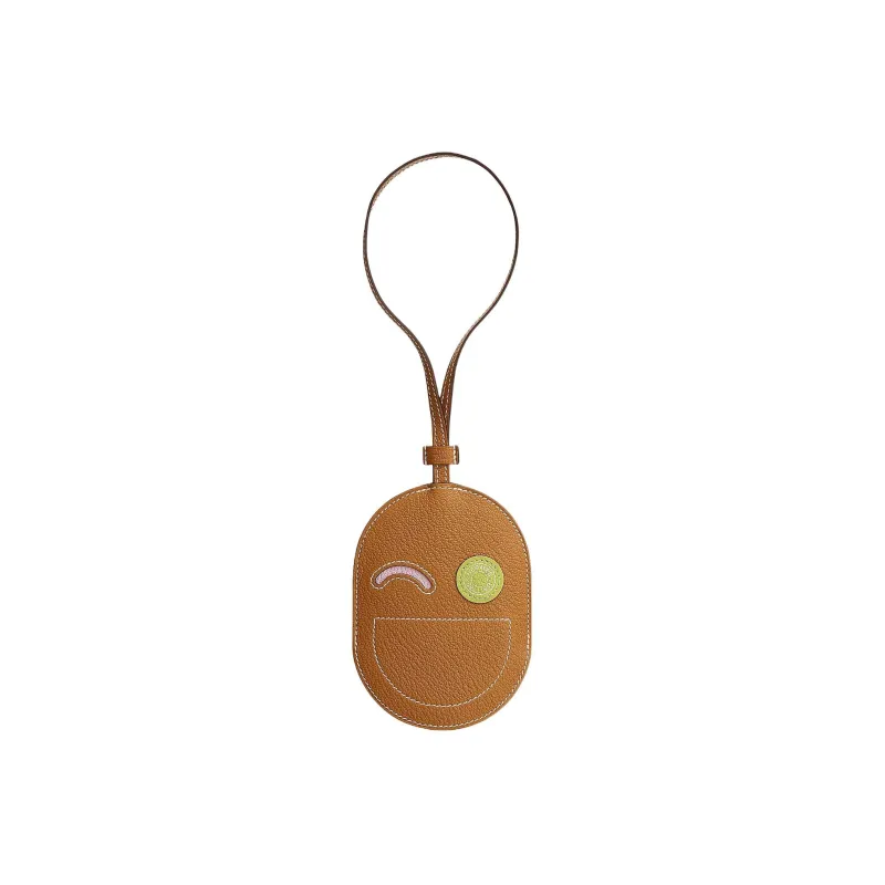 HERMES In The Loop Mysore Goat Skin Pig Nose Keychain Bag Accessory Women's Caramel/Forest Purple/Yellow Bud-0