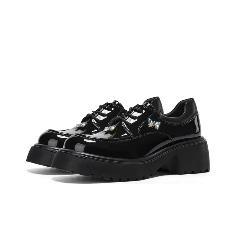 GG CC Vintage Platform Small Leather Shoes British Style Butterfly Loafers 5.5cm Women's Black-2