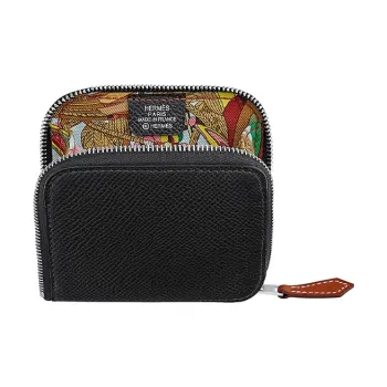 HERMES Silk'In Epsom Leather With Silk Lining Wallets Coin Purses Women's Black
