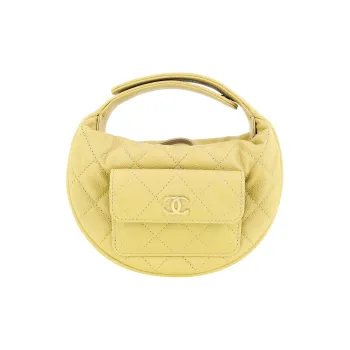 CHANEL Grained Litchi Cow Leather Crescent Moon Bag Clutch Mini Women's Yellow