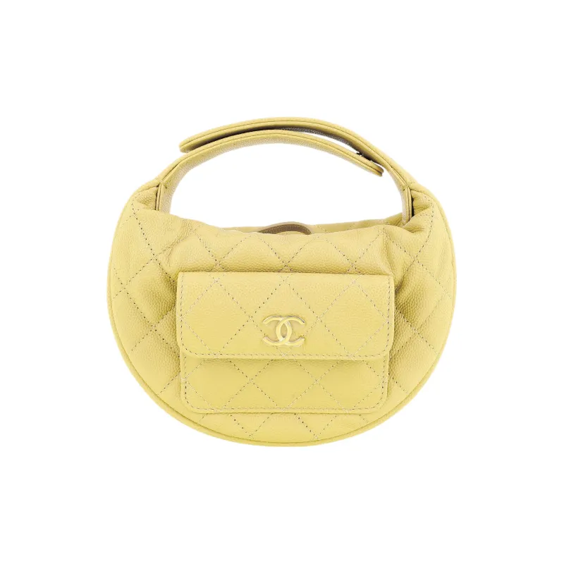 CHANEL Grain Litchi Cow Leather Crescent Bag Clutch Handbag Mini Women's Yellow-0