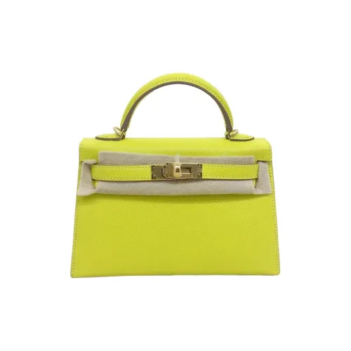 HERMES Mini Kelly 2nd Generation Epsom Leather Kelly Bag One Shoulder Handbags Mini Women's 9R Lime Lemon