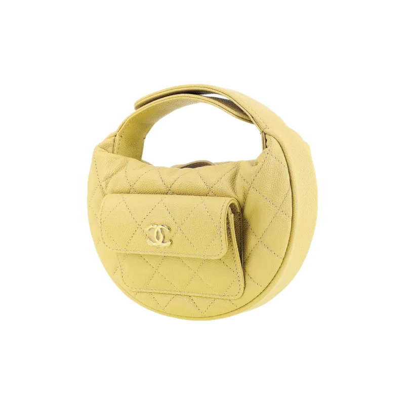 CHANEL Grain Litchi Cow Leather Crescent Bag Clutch Handbag Mini Women's Yellow-1