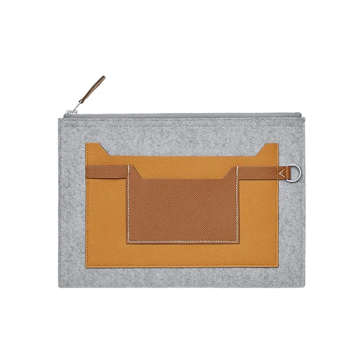 HERMES Toodoo Velvet And Epsom Calfskin Clutch Men's Light Gray/Orange/Brown-0